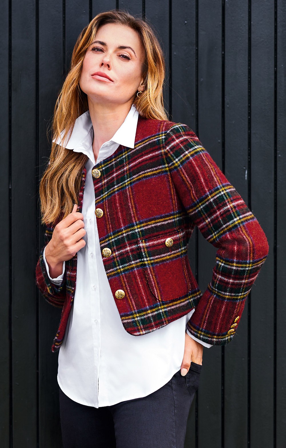 Ladies Tartan Tweed Gold Button Crew Blazer Red House of Bruar