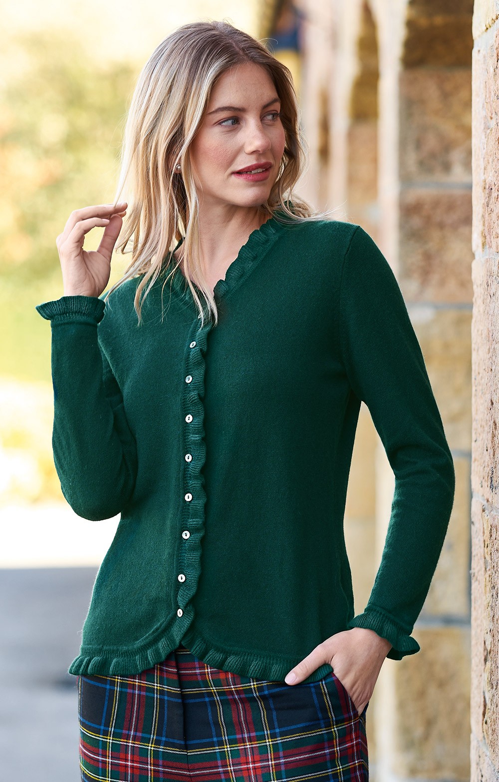 Ladies Merino Cashmere Ruffle Cardigan Black Green House of Bruar