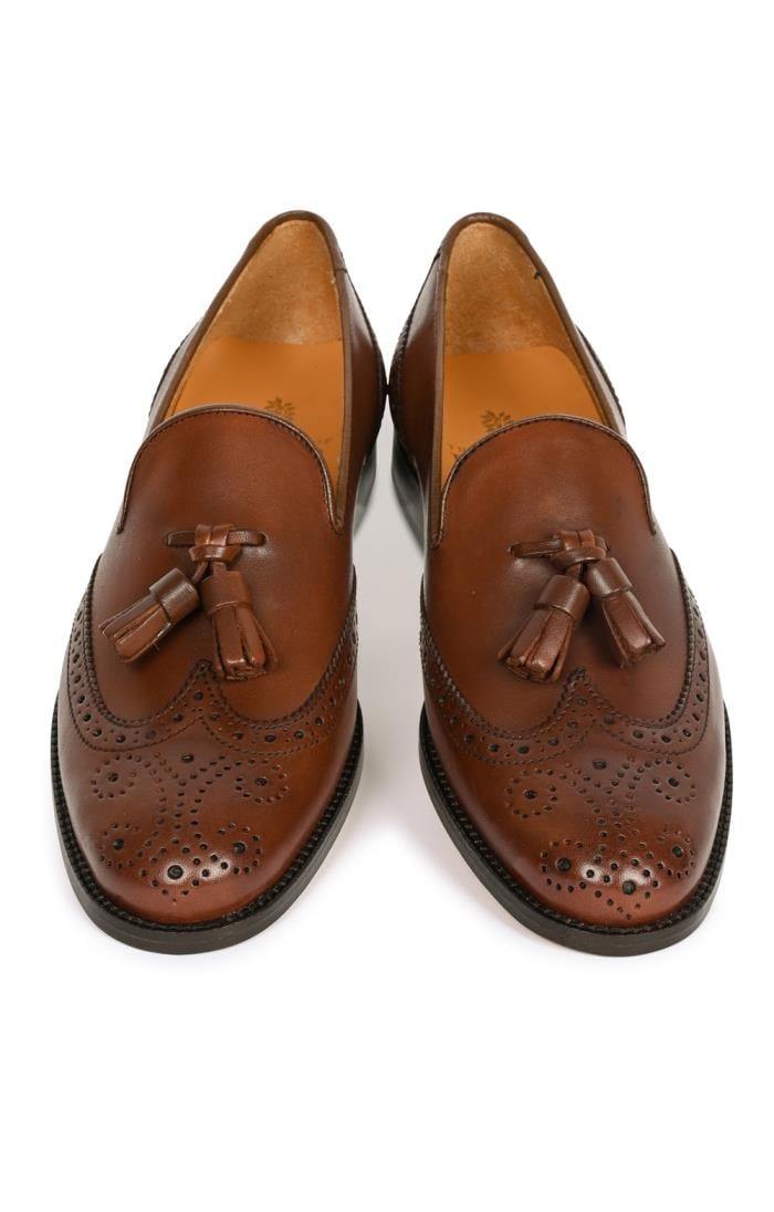 Leather Brogue Tassel Loafers, Navy - House of Bruar