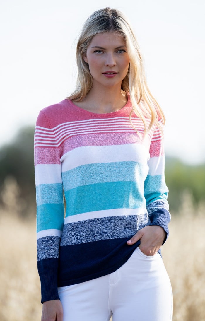 Ladies Marble Long Sleeve Striped Crew Neck - House of Bruar