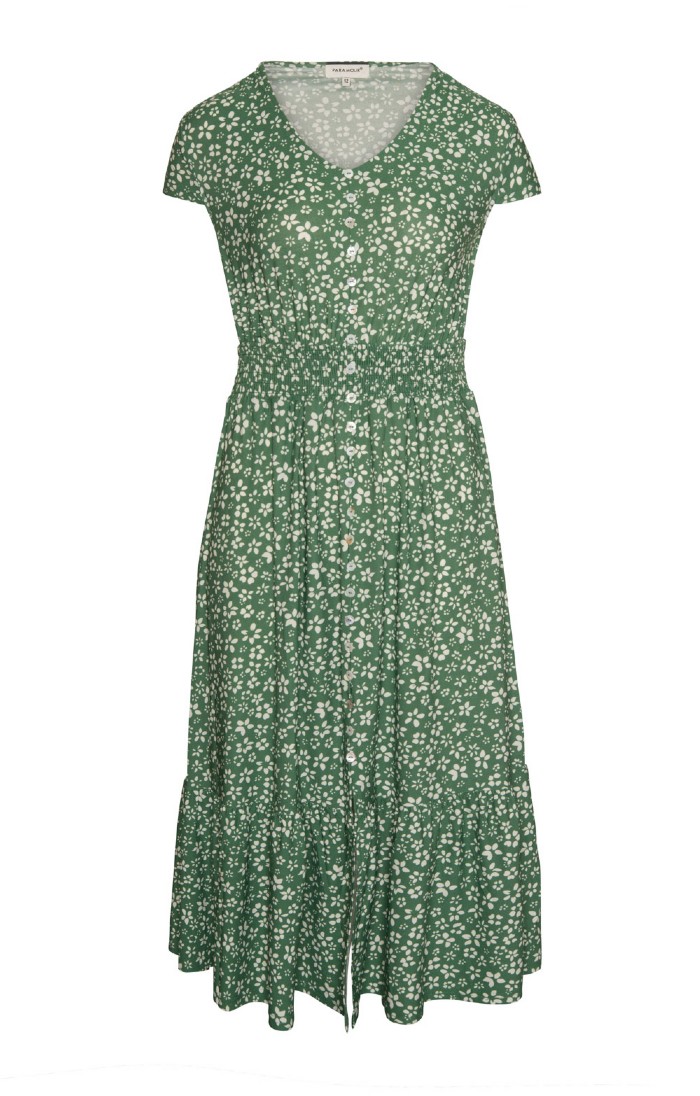 Ladies Button Through V Neck Floral Dress, Green - House of Bruar