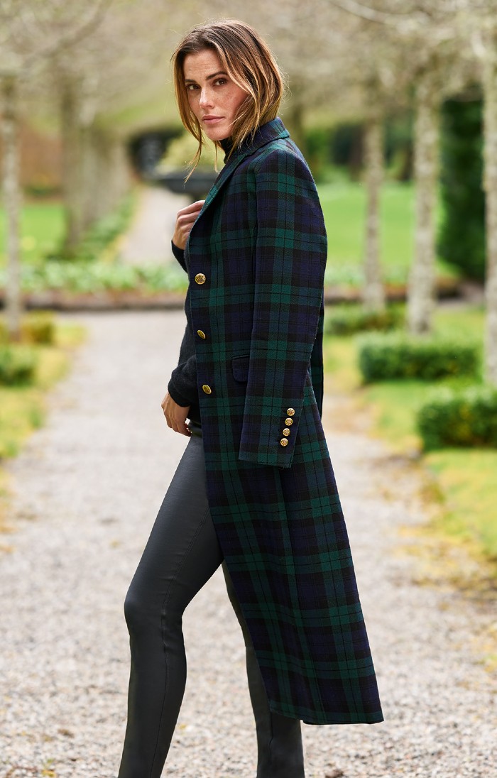 Ladies Single Breasted Full Length Plaid Coat