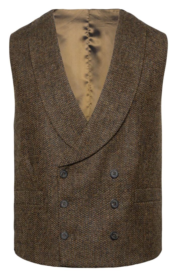 Mens Double-Breasted Shetland Tweed Waistcoat, Grey, Brown - House of Bruar