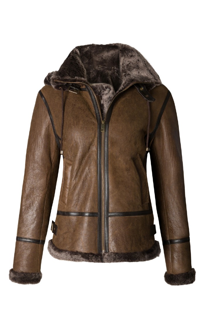 Ladies Sheepskin Detachable Hood Flying Jacket Brown House of Bruar