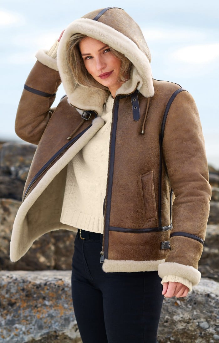 Ladies Sheepskin Detachable Hood Flying Jacket Brown House of Bruar