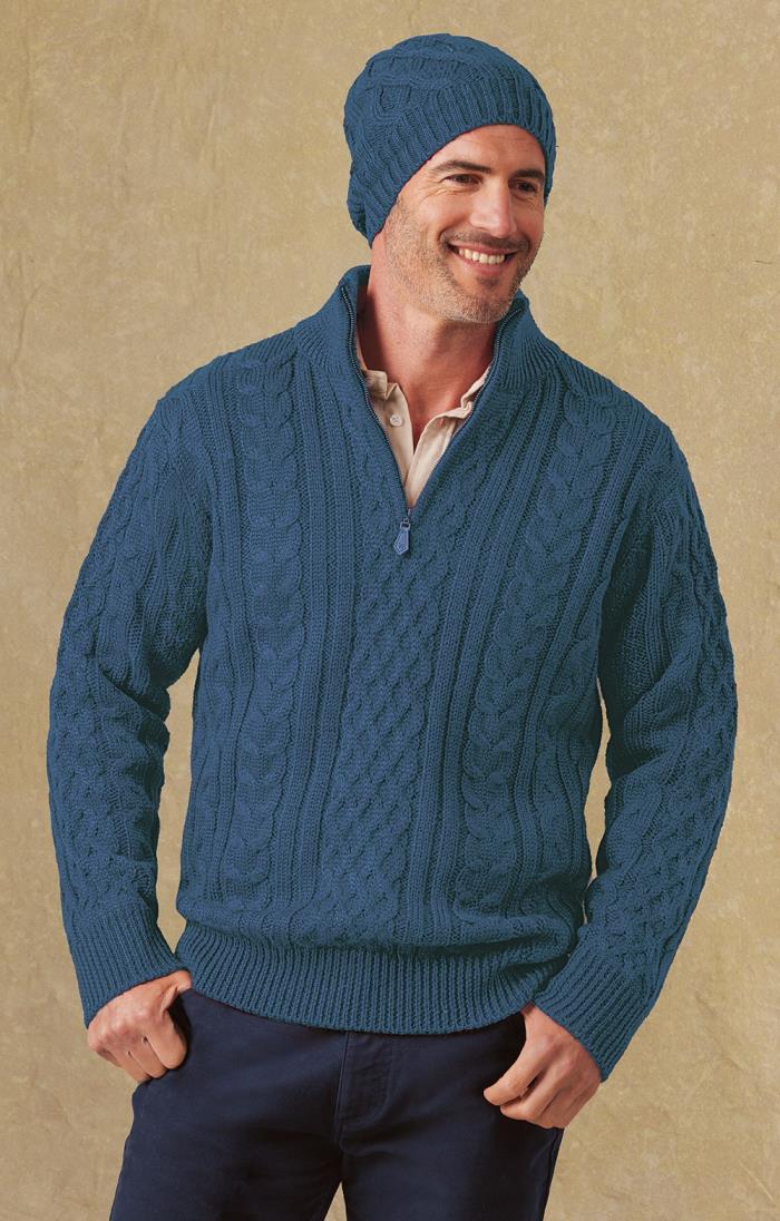 Mens Pure New Wool Aran T-Zip - House of Bruar