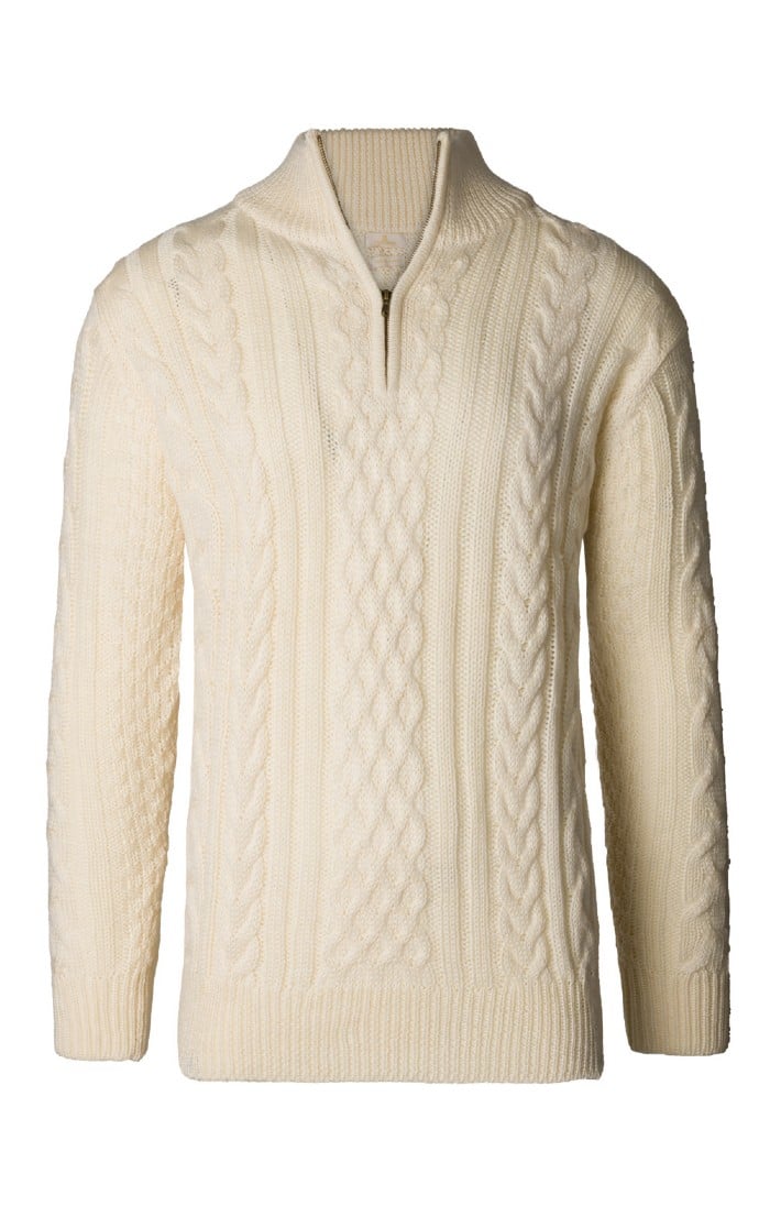 Mens Pure New Wool Aran T-Zip, Natural - House of Bruar