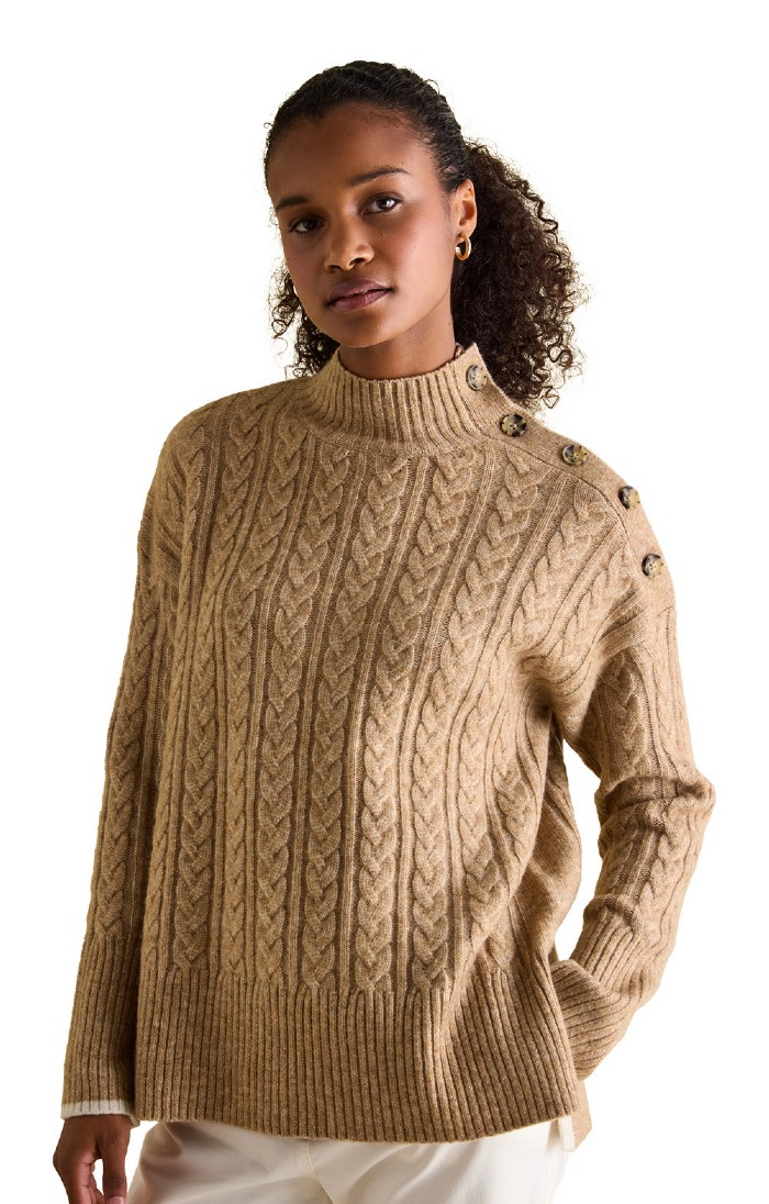 Ladies Joules Betsy Cable Knit Button Shoulder Jumper Brown House of Bruar