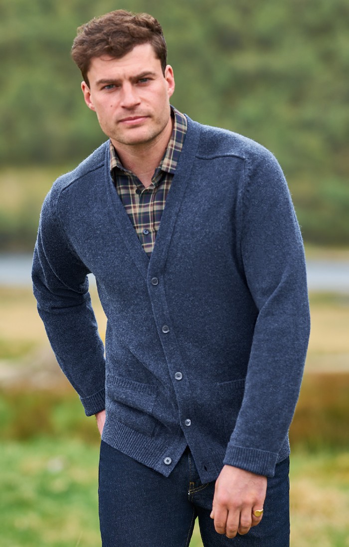 Men s 3 Ply Cashmere Cardigan Blue House of Bruar