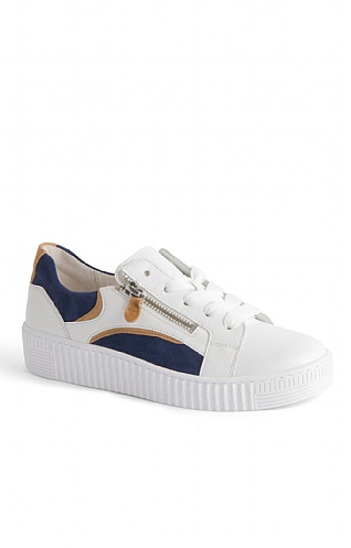 Ladies Gabor Tricolour Zip Sneaker, White/Navy/Tan