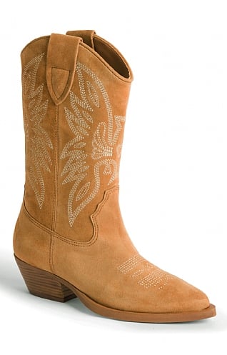 House Of Bruar Ladies Embroidered Cowboy Boot, Tan Suede