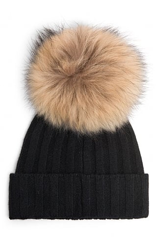 House of Bruar Ladies Cashmere Hat with Fox Fur Pom Pom - Black, Black