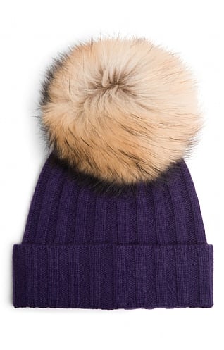 House of Bruar Ladies Cashmere Hat with Fox Fur Pom Pom - Blackberry purple, Blackberry