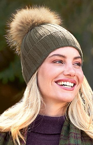 House of Bruar Ladies Cashmere Hat with Fox Fur Pom Pom, Country Green