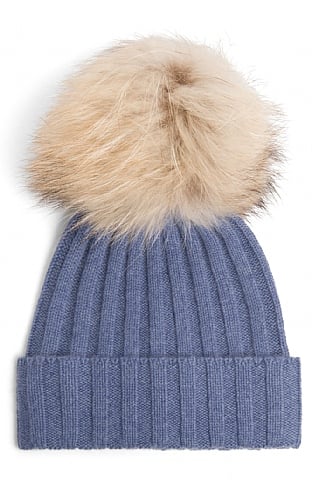 House of Bruar Ladies Cashmere Hat with Fox Fur Pom Pom - Denim Blue, Denim