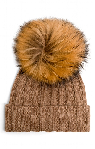 House of Bruar Ladies Cashmere Hat with Fox Fur Pom Pom - Driftwood Brown, Driftwood
