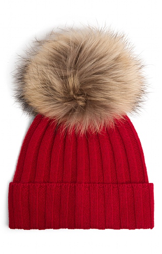 House of Bruar Ladies Cashmere Hat with Fox Fur Pom Pom - Garnet red, Garnet