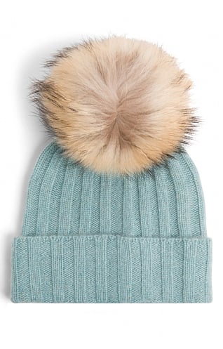 House of Bruar Ladies Cashmere Hat with Fox Fur Pom Pom - Green Lovat, Green Lovat