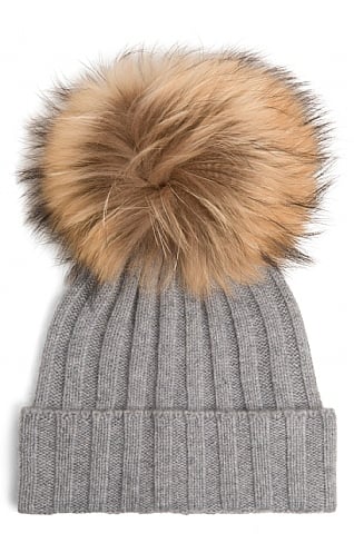 House of Bruar Ladies Cashmere Hat with Fox Fur Pom Pom, Medium Grey