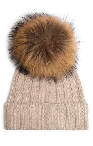 House of Bruar Ladies Cashmere Hat with Fox Fur Pom Pom - Natural, Natural