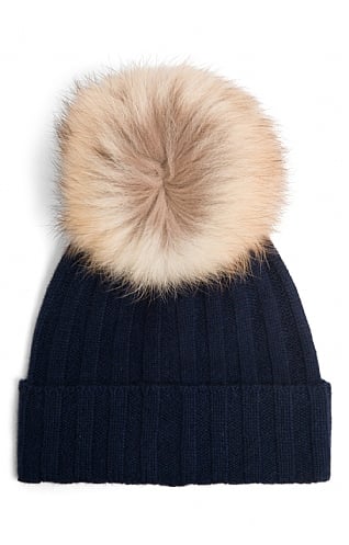 House of Bruar Ladies Cashmere Hat with Fox Fur Pom Pom - Navy Blue, Navy