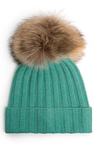 House of Bruar Ladies Cashmere Hat with Fox Fur Pom Pom - Sea Green, Sea Green