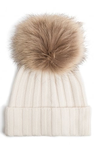 House of Bruar Ladies Cashmere Hat with Fox Fur Pom Pom - White, White