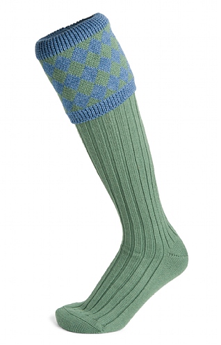 House of Cheviot Merino Diamond Top Shooting Socks, Ancient Green/Blue Mix