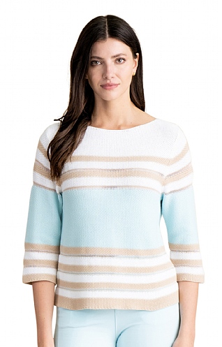 Ladies Marble Three Quarter Sleeve Striped Sweater, Duckegg/Beige/White