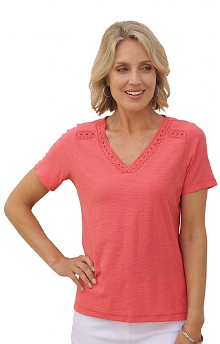 Ladies Pomodoro Lace Insert T-Shirt, Coral