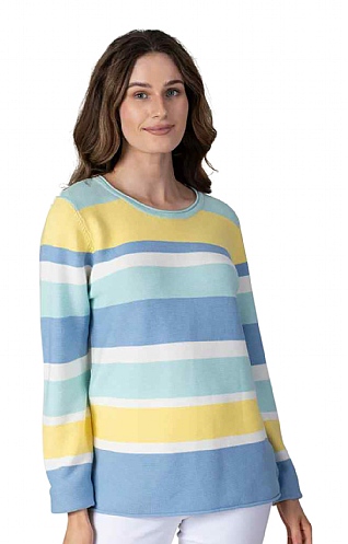 Jessica Graaf Ladies Stripe Knit Crew, Aqua/Green/Blue