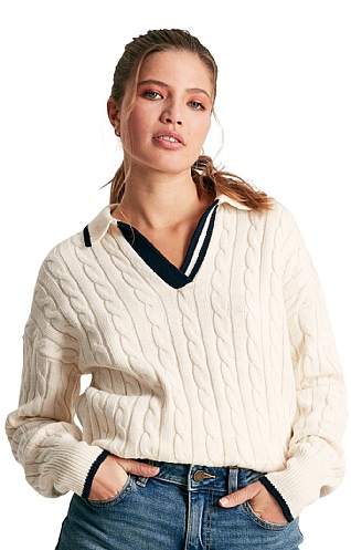 Ladies Joules Vanessa V-Neck Jumper, Creme