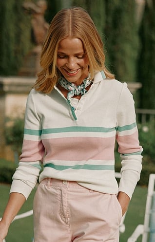 Ladies Joules Fairfield Polo Shirt, Pink Green Stripe