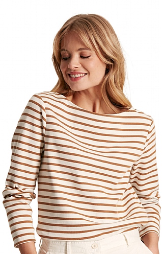 Ladies Joules New Harbour Long-Sleeved Top, Tan Stripe