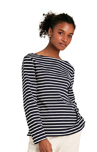 Ladies Joules New Harbour Long Sleeve Top, Navy Cream Stripe