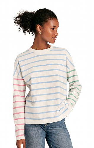 Ladies Joules Ellie Long Sleeve Crew, Blue Cream Stripe