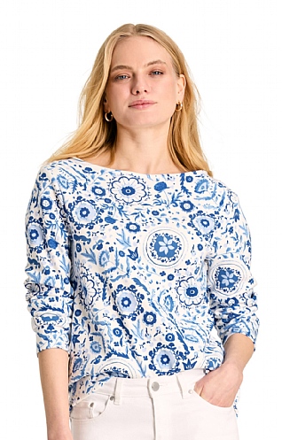 Ladies Joules Printed Harbour Top, Blue White Print