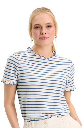 Ladies Joules Daisy Short Sleeve Frilled Neck Top, Blue Cream Stripe