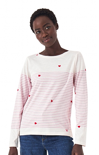 Ladies Crew Clothing Valentine Stripe Top, White/Pink/Heart