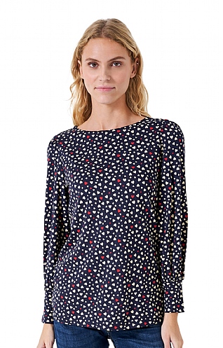 Ladies Crew Clothing Blousson Print Jersey Top, Navy/Red Heart