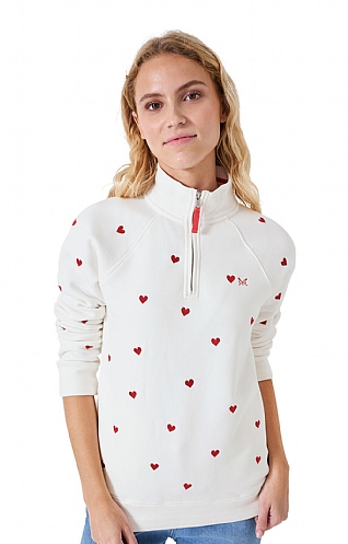 Ladies Crew Clothing Valentine Half Zip, White/Red/Heart