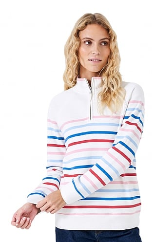 Ladies Crew Clothing Half-Zip Striped Sweatshirt, White/True Blue