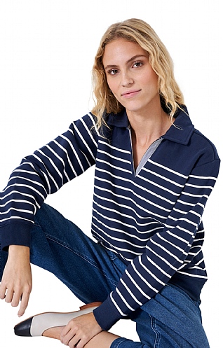 Ladies Crew Clothing Sandy Collared Stripe Sweatshirt - Navy/White, Navy/White