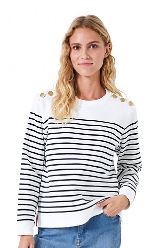 Ladies Crew Clothing Nautical Button Shoulder Sweatshirt, White/Dark Navy