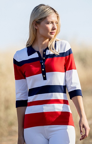 Ladies Marble Stripe Polo, Red/Navy/White