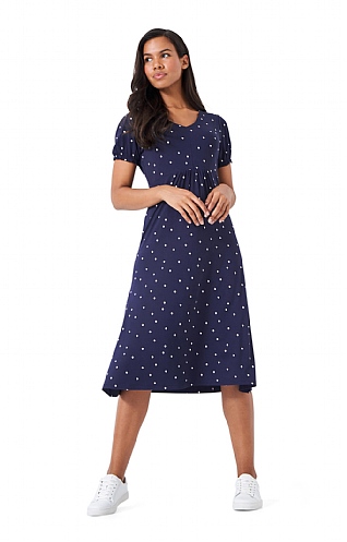 Ladies Crew Clothing Mel V-Neck Jersey Dress, Navy Lisa Polka