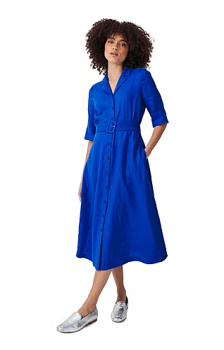 Ladies Crew Clothing Belted Linen blend Shirt Dress, Blue