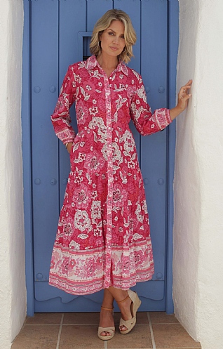 Ladies Pomodoro Batik Border Midi Dress, Pink