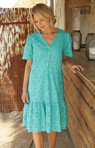 Ladies Pomodoro Broderie Anglaise Dress - Sea Green, Sea Green