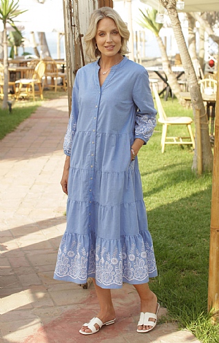 Ladies Pomodoro Embroidered Tiered Dress, Chambray